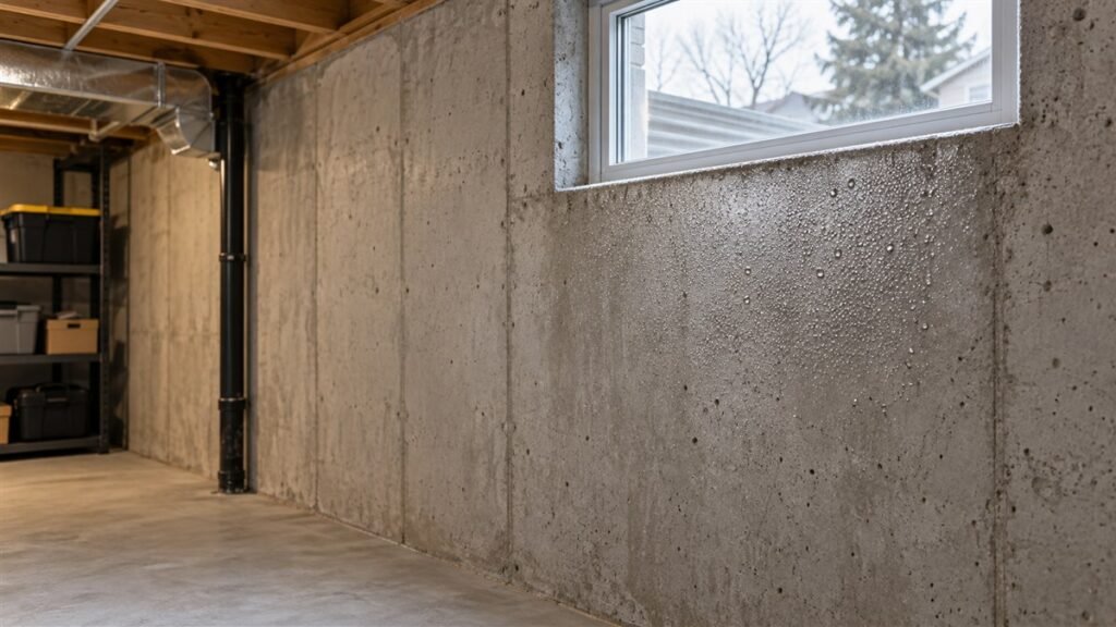 Fine droplets on a concrete basement wall beneath a window, with a dry floor nearby.