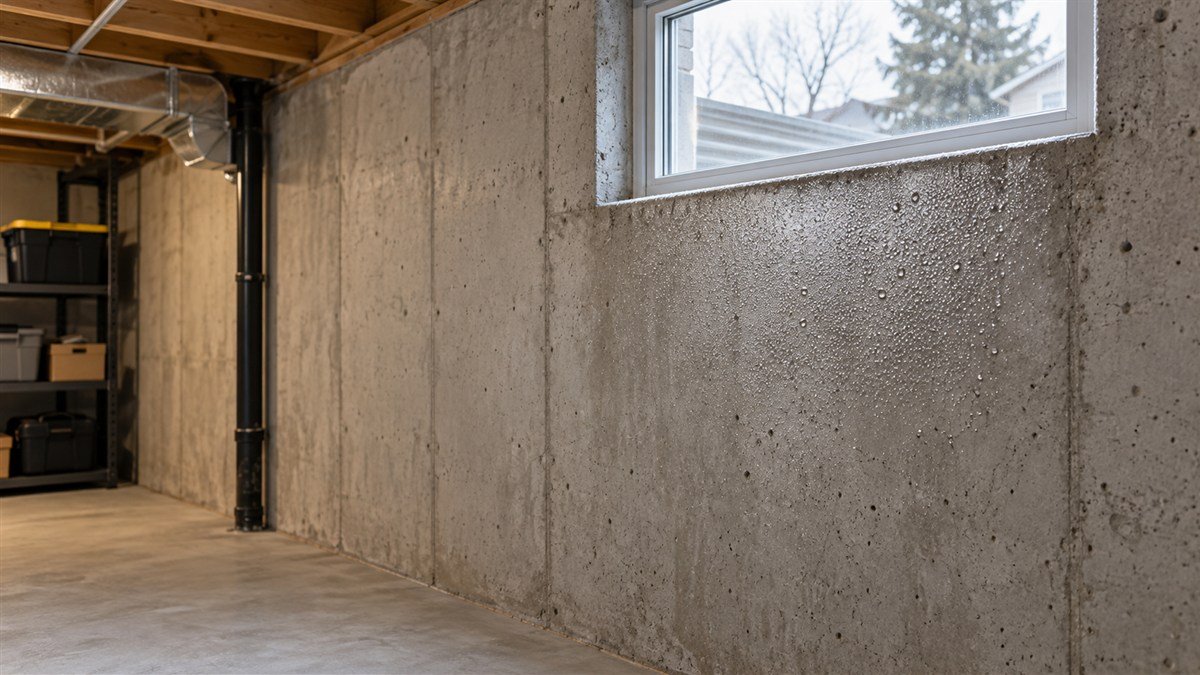 Fine droplets on a concrete basement wall beneath a window, with a dry floor nearby.