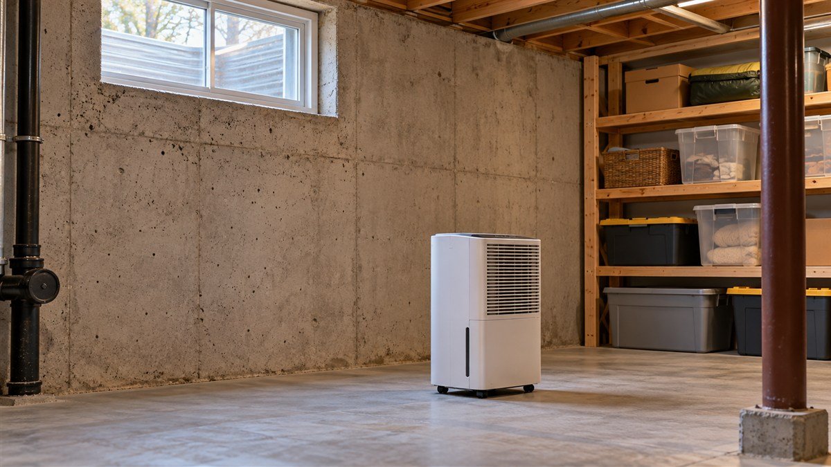 An unbranded portable dehumidifier on a dry basement floor beside organised storage shelves.