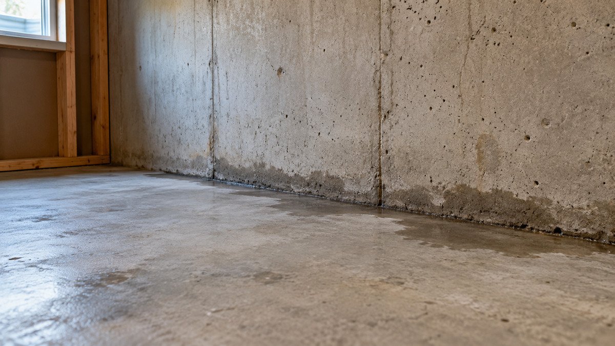 Damp concrete basement floor beside a poured-concrete foundation wall.