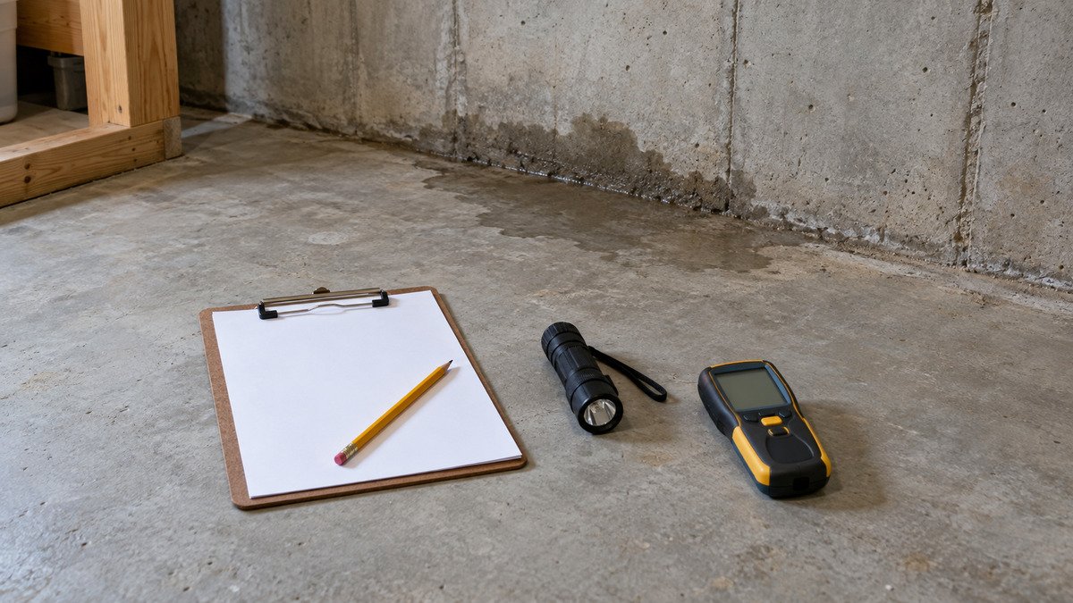 Clipboard, flashlight and moisture meter beside a damp area of basement floor.