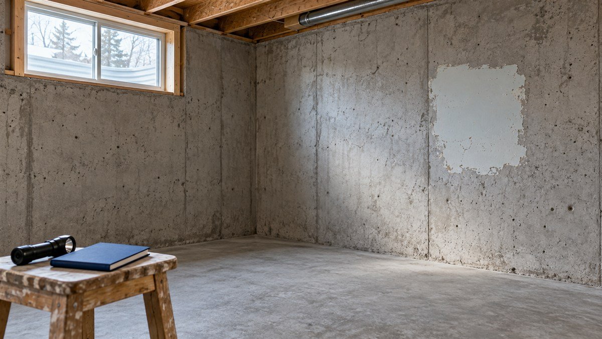 An exposed basement wall with an old paint patch, with a notebook and flashlight nearby.