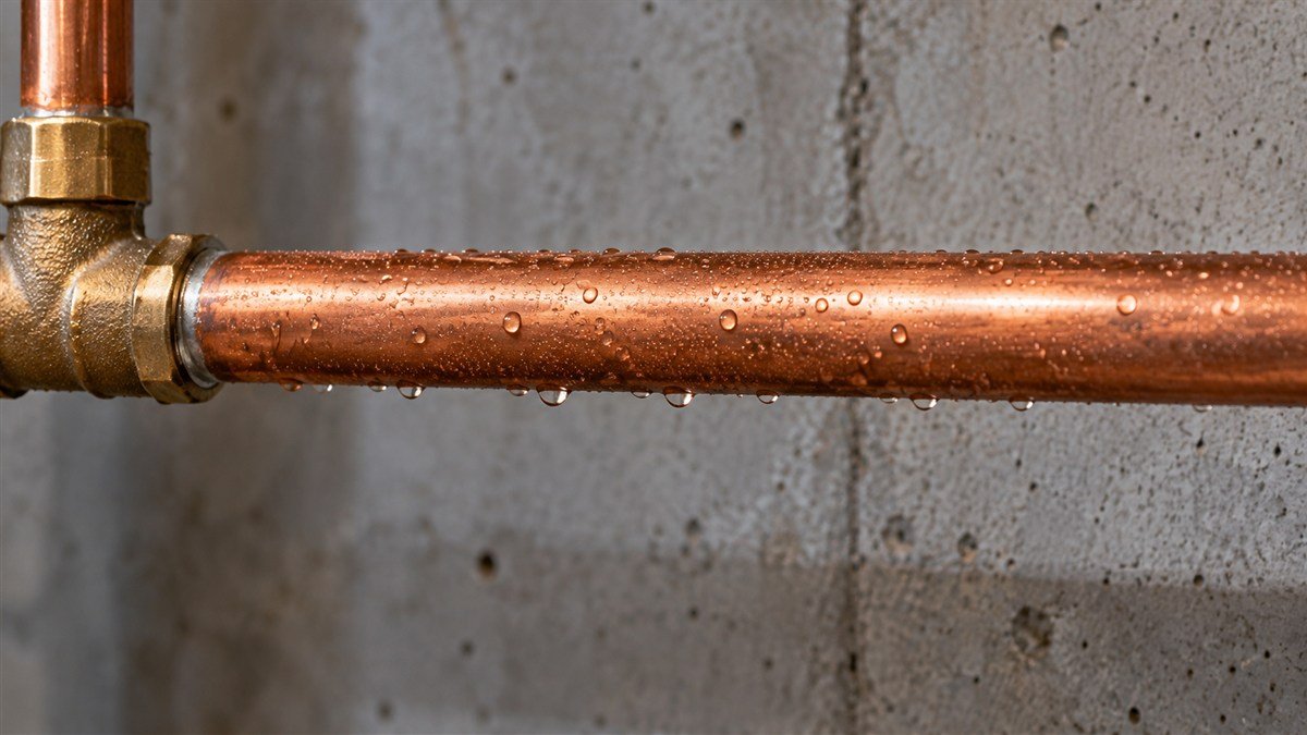 Small water droplets across the outside of a copper pipe in front of a concrete wall.