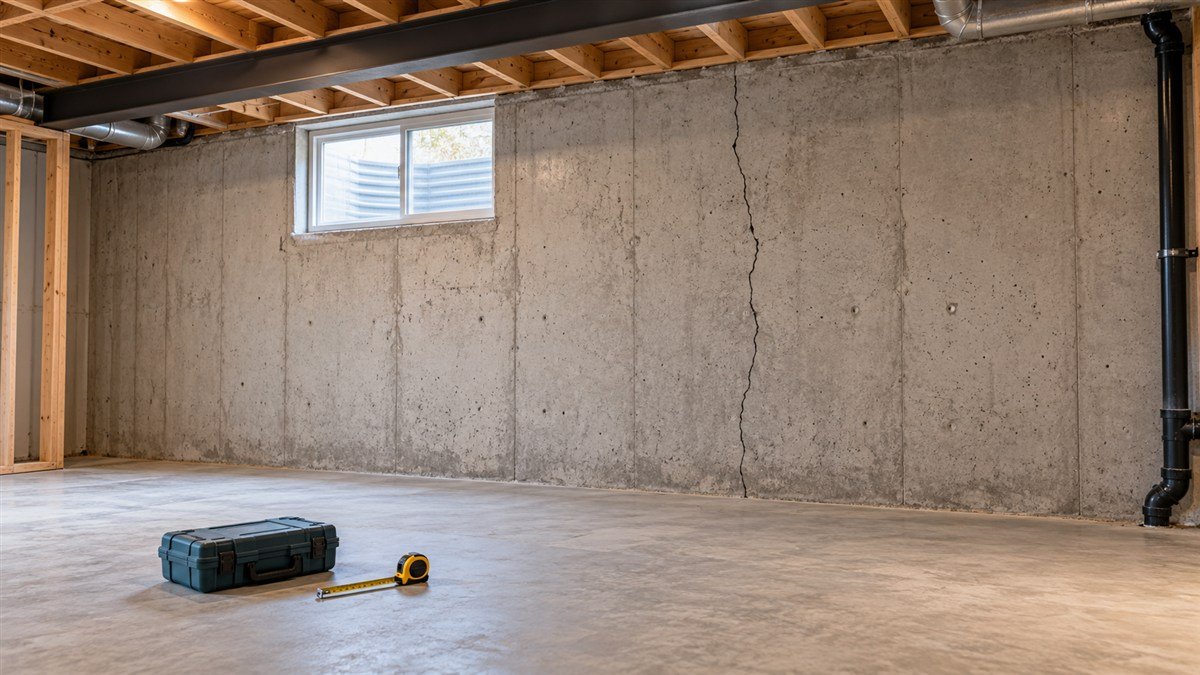 An exposed concrete basement wall with a vertical crack and a clear working area.