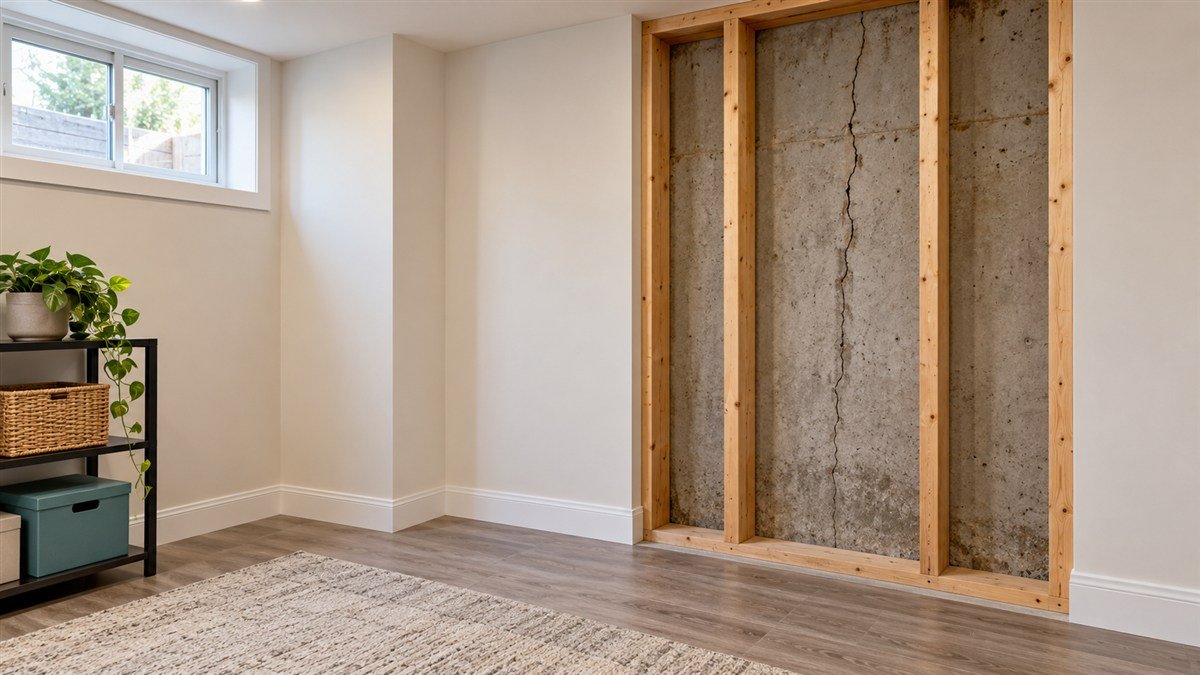 An unfinished wall bay revealing cracked concrete beside finished basement drywall.