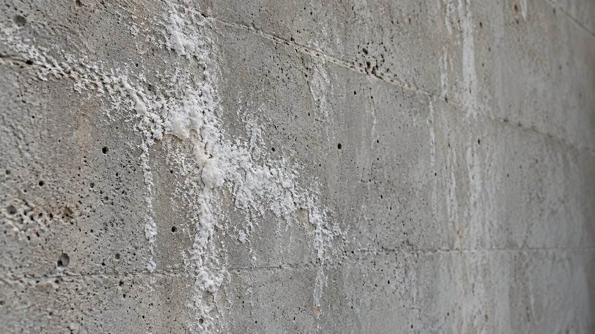 Close-up illustration of white powdery and crystalline deposits on gray concrete.