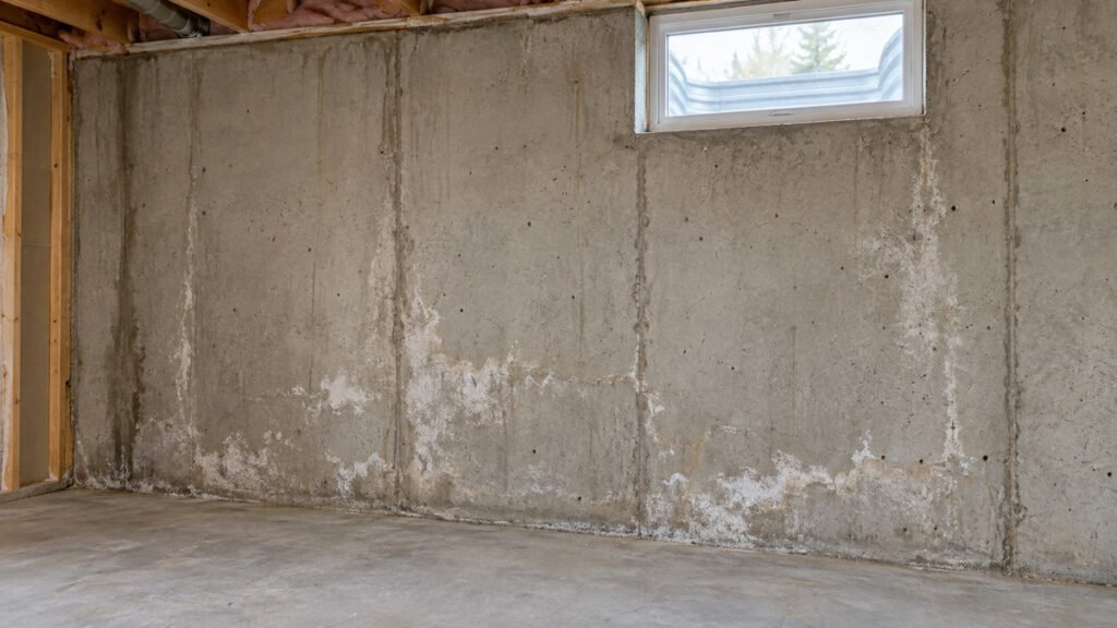 White mineral-like deposits on an unfinished concrete basement wall.
