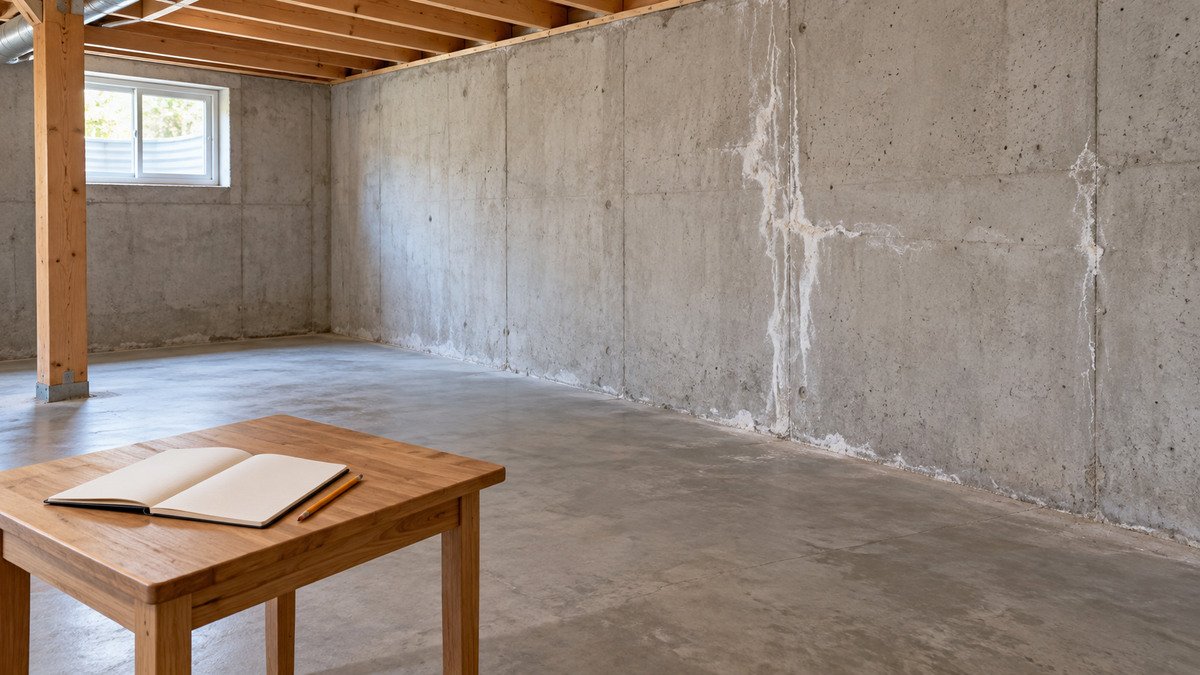Blank notebook and pencil beside an accessible concrete basement wall with white deposits.