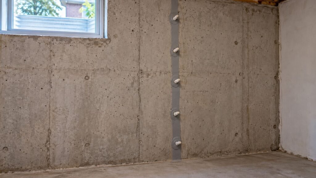 AI illustration of five injection ports along a sealed vertical crack in a poured-concrete basement wall.