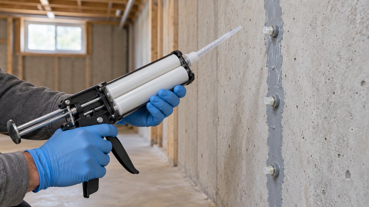 AI illustration of gloved hands holding an unbranded resin dispensing gun beside prepared foundation crack injection ports.