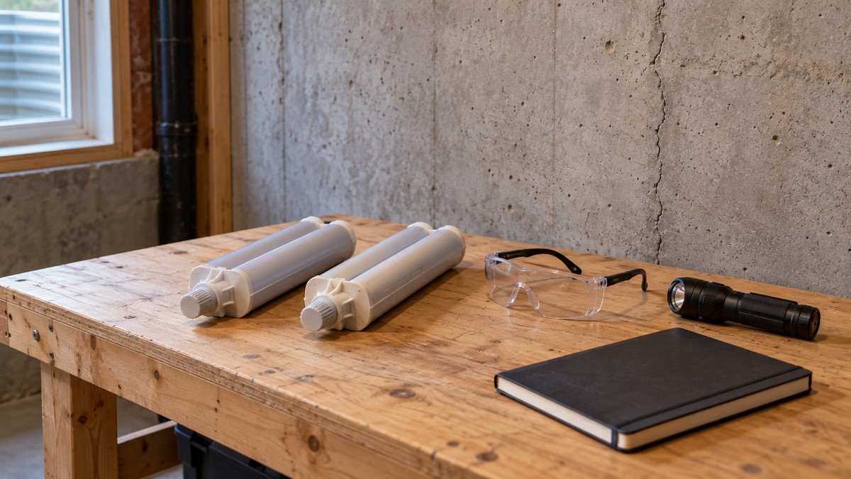AI illustration of plain resin cartridges, safety glasses, a flashlight and notebook on a basement workbench.