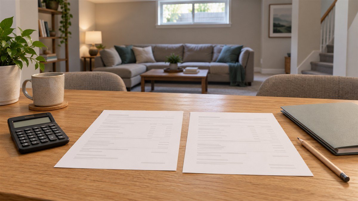 Two illustrative quotation sheets with a calculator and pencil on a table.