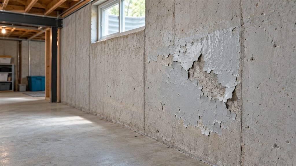 A pale coating peeling from a poured-concrete basement wall near a high window.