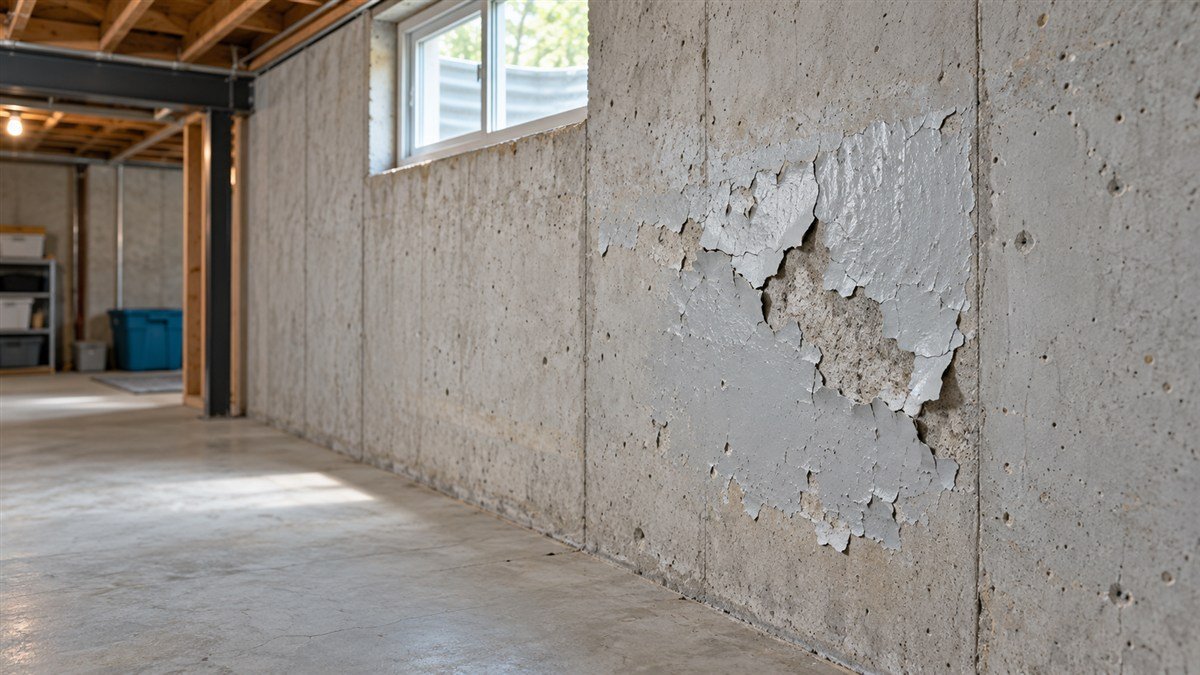 A pale coating peeling from a poured-concrete basement wall near a high window.