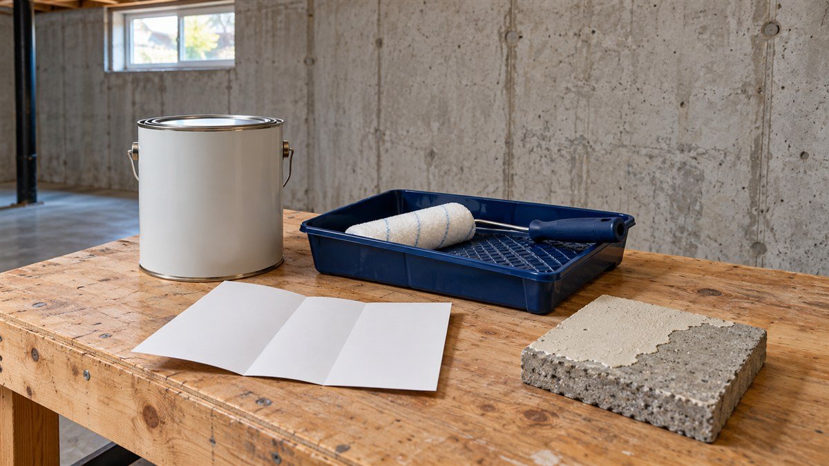 An unbranded paint can, unused roller and coated concrete sample on a basement workbench.