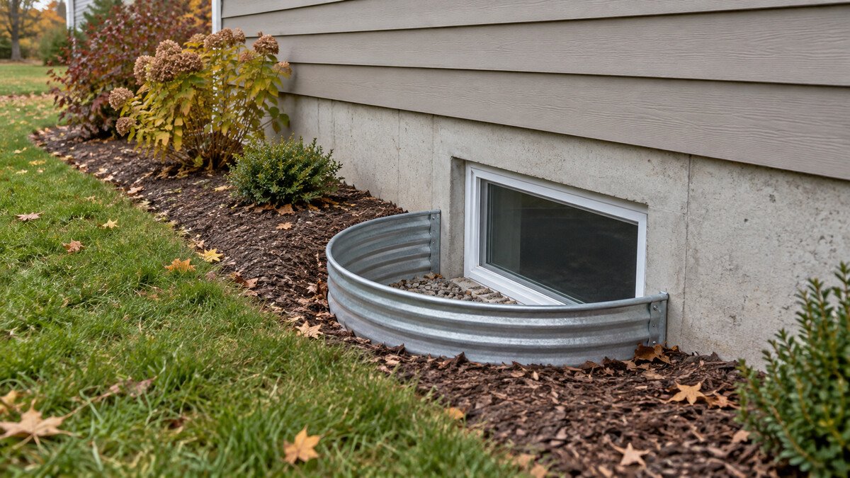 Basement window well beside a concrete foundation, with surrounding grass and a mulched planting bed.