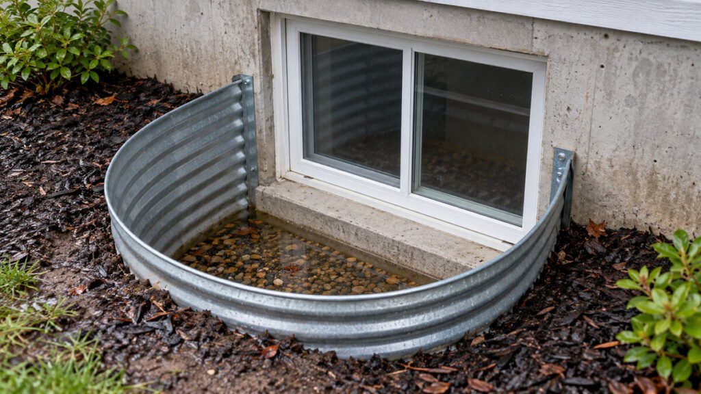 Shallow water pooled over gravel in a metal window well below an intact basement window.