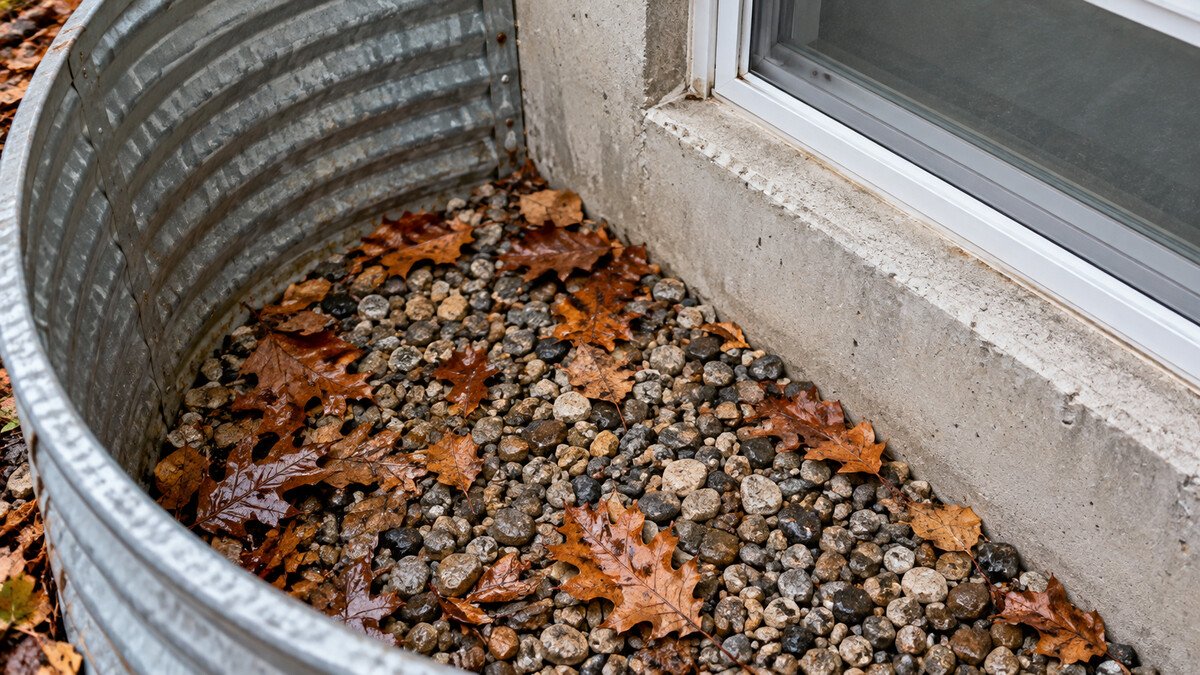 Damp autumn leaves scattered across gravel inside a corrugated metal basement window well.