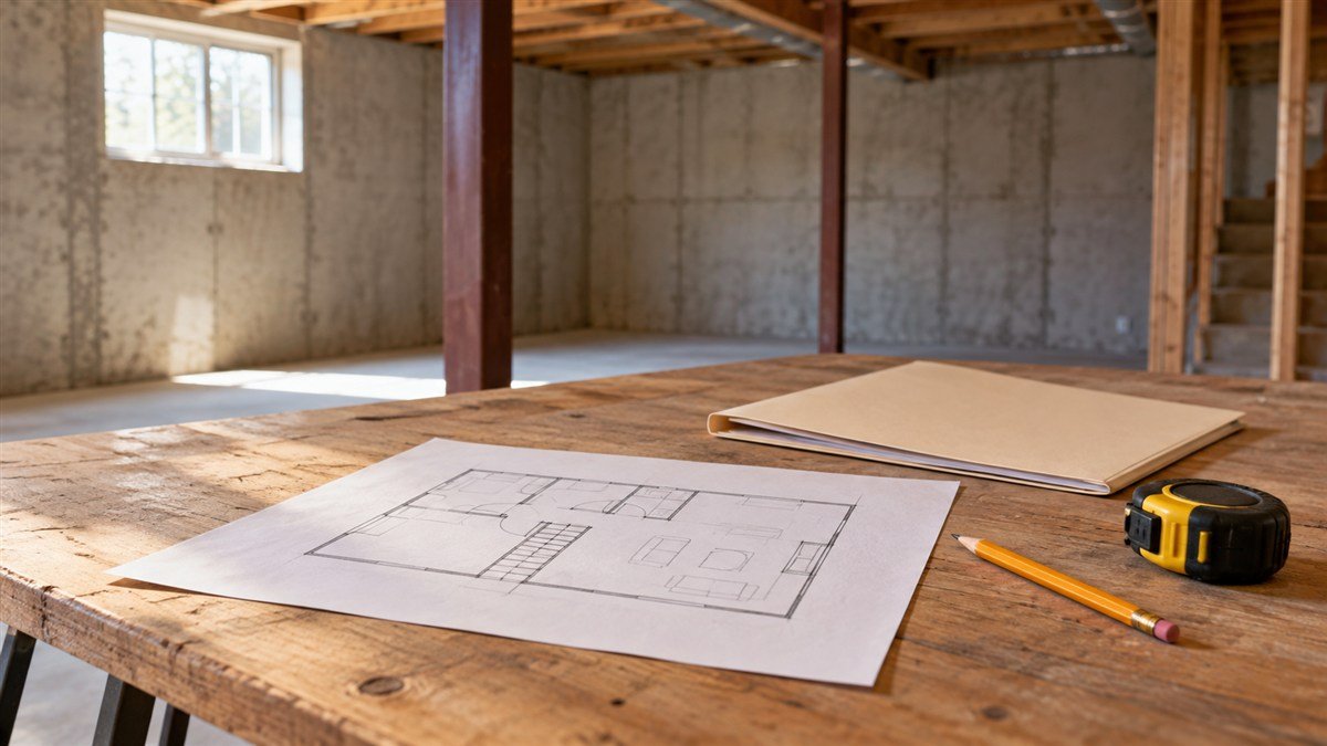 Simple floor sketch, folder, pencil and tape measure on a table in an unfinished basement