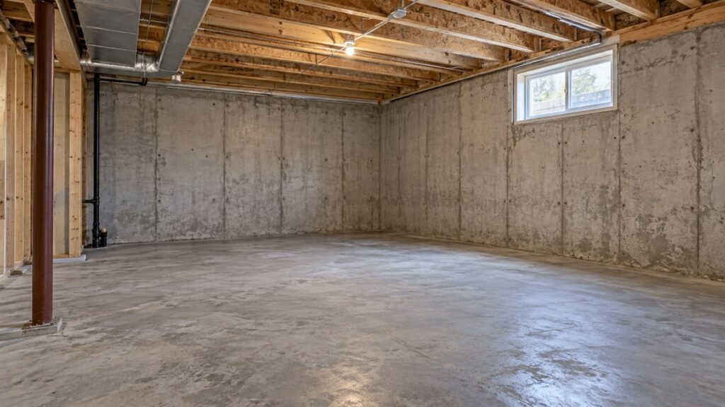 Exposed concrete basement walls and floor beneath wooden ceiling joists before finishing