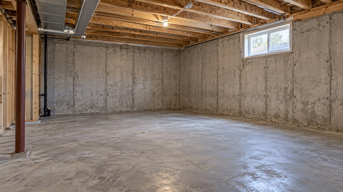 Exposed concrete basement walls and floor beneath wooden ceiling joists before finishing