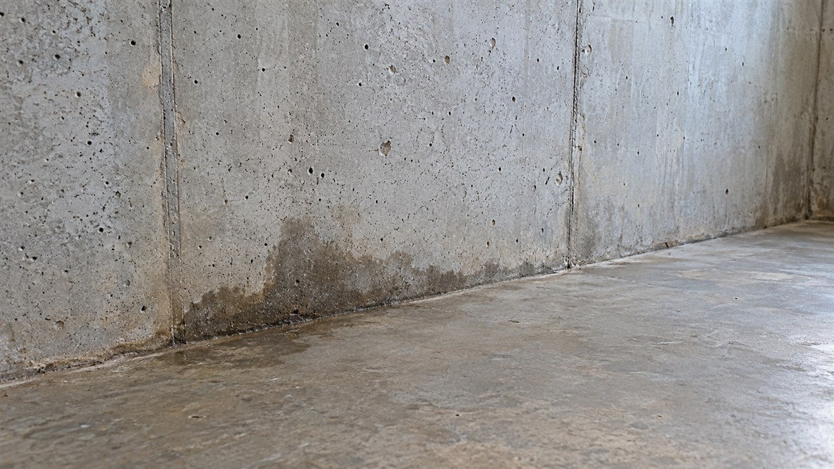 Darker damp-looking patch near the base of an uncovered concrete basement wall