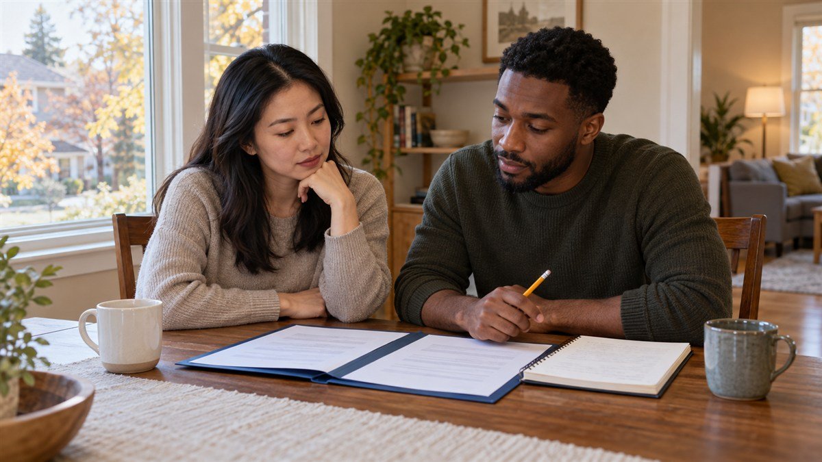 Two adults review a folder and notebook together at a dining table.