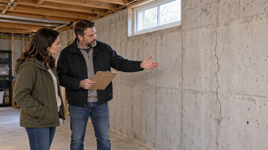Two adults look at a visible crack in an exposed concrete basement wall while one holds a clipboard.