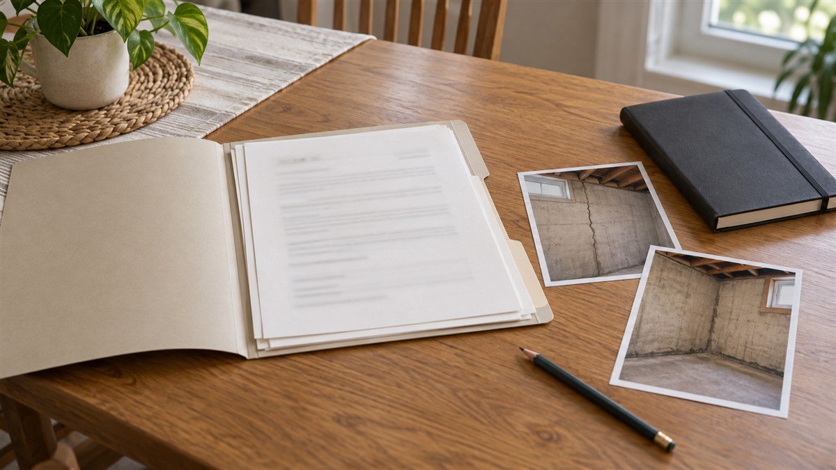 A folder of papers, two basement-wall photographs, a pencil and a notebook are arranged on a wooden table.