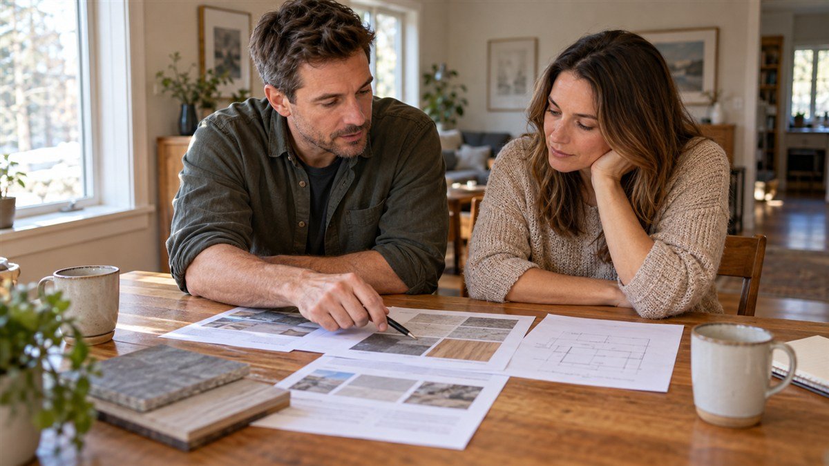 Two adults compare material sheets and a floor sketch at a dining table.