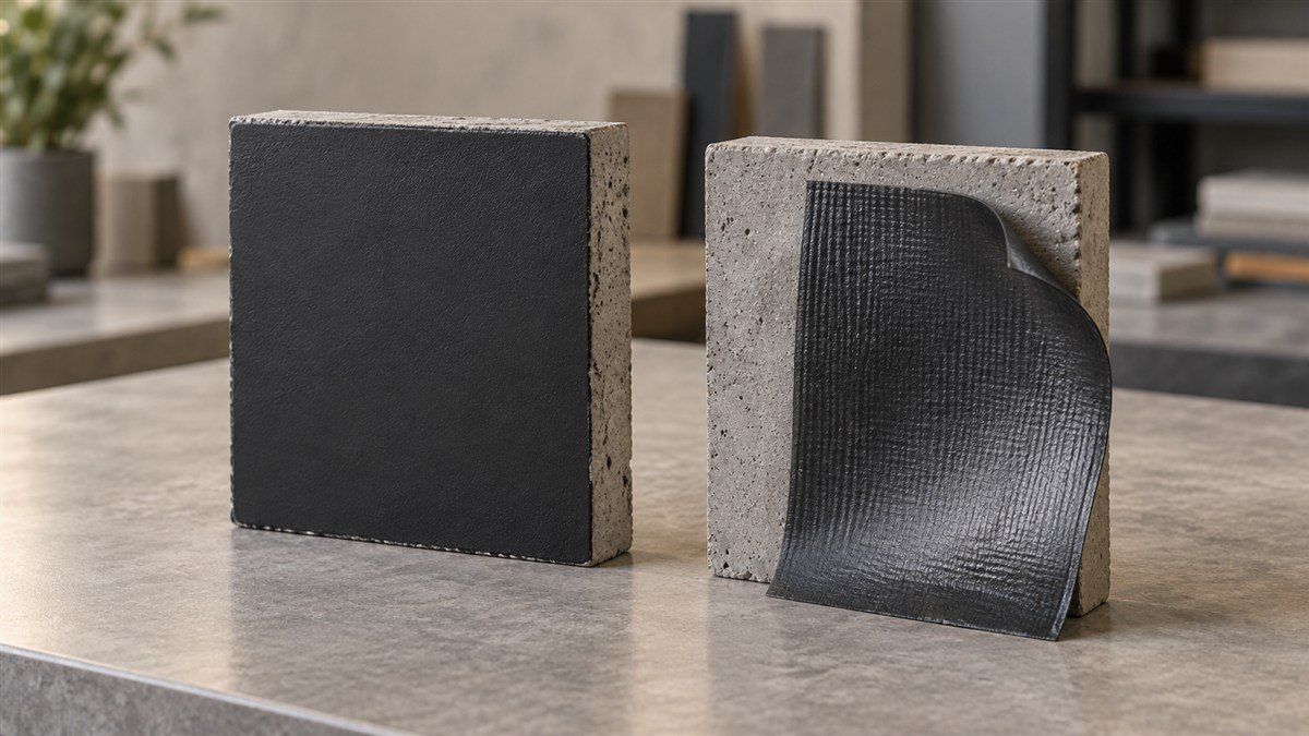 Two concrete samples on a workbench, one with a black coating and one with a loose dark sheet sample.