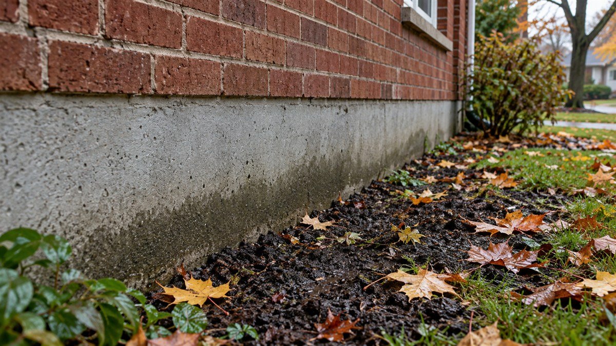 Damp garden soil and fallen leaves beside the exposed concrete foundation of a brick house.