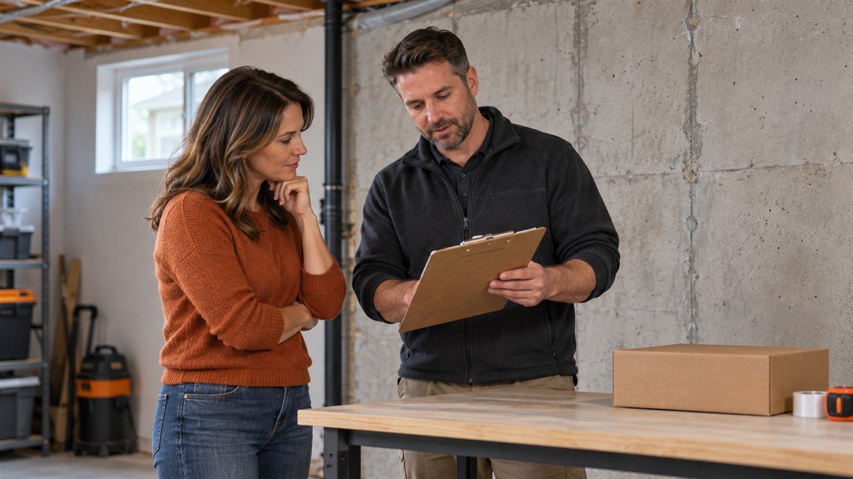 Two adults discuss a clipboard beside a closed kit box in an unfinished basement.