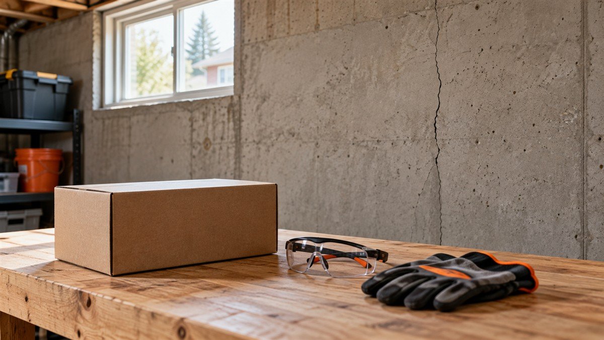 A closed plain kit box, safety glasses and gloves on a workbench near a cracked concrete basement wall.