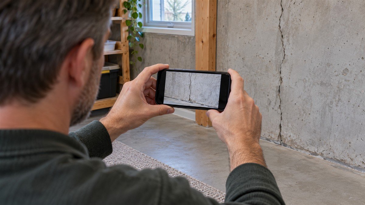 A homeowner photographs an exposed concrete basement wall with a smartphone.