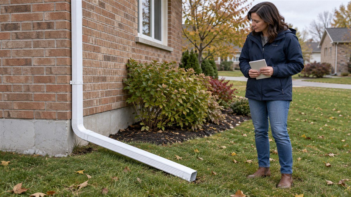 An adult holding a notebook looks at a downspout extension beside a brick house.