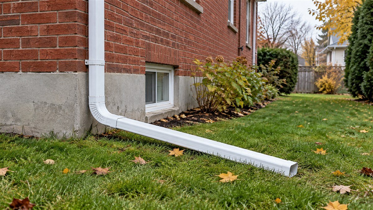 A white downspout connects to an extension sloping away from a brick house across an autumn lawn.
