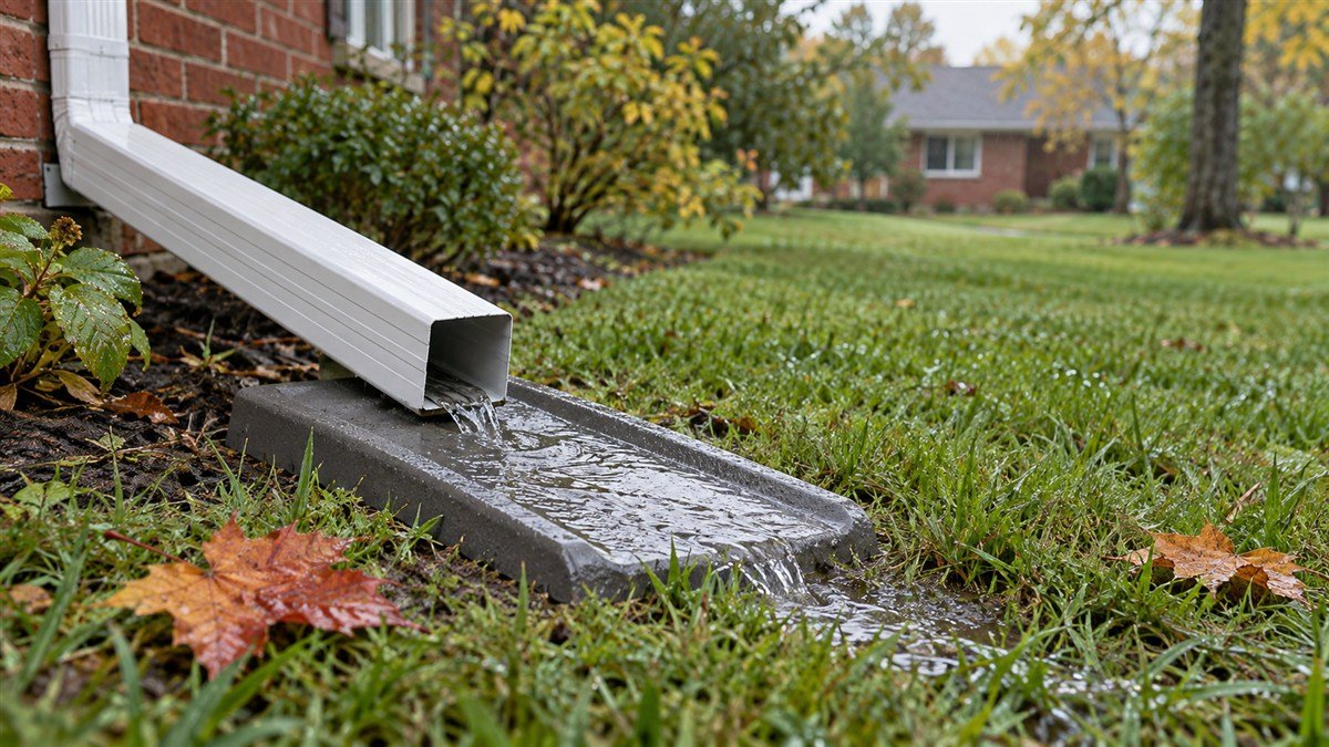 Water leaves a white downspout extension onto a grey splash pad beside grass.