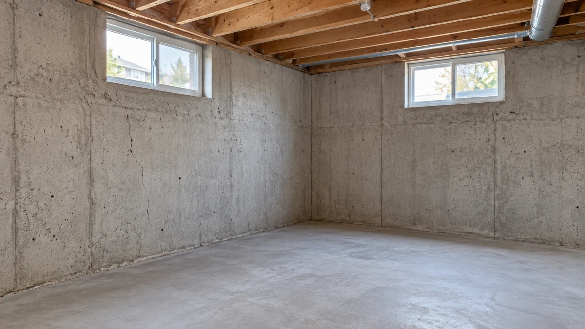 Dry unfinished basement with poured-concrete walls, high windows, exposed joists and clear floor space.