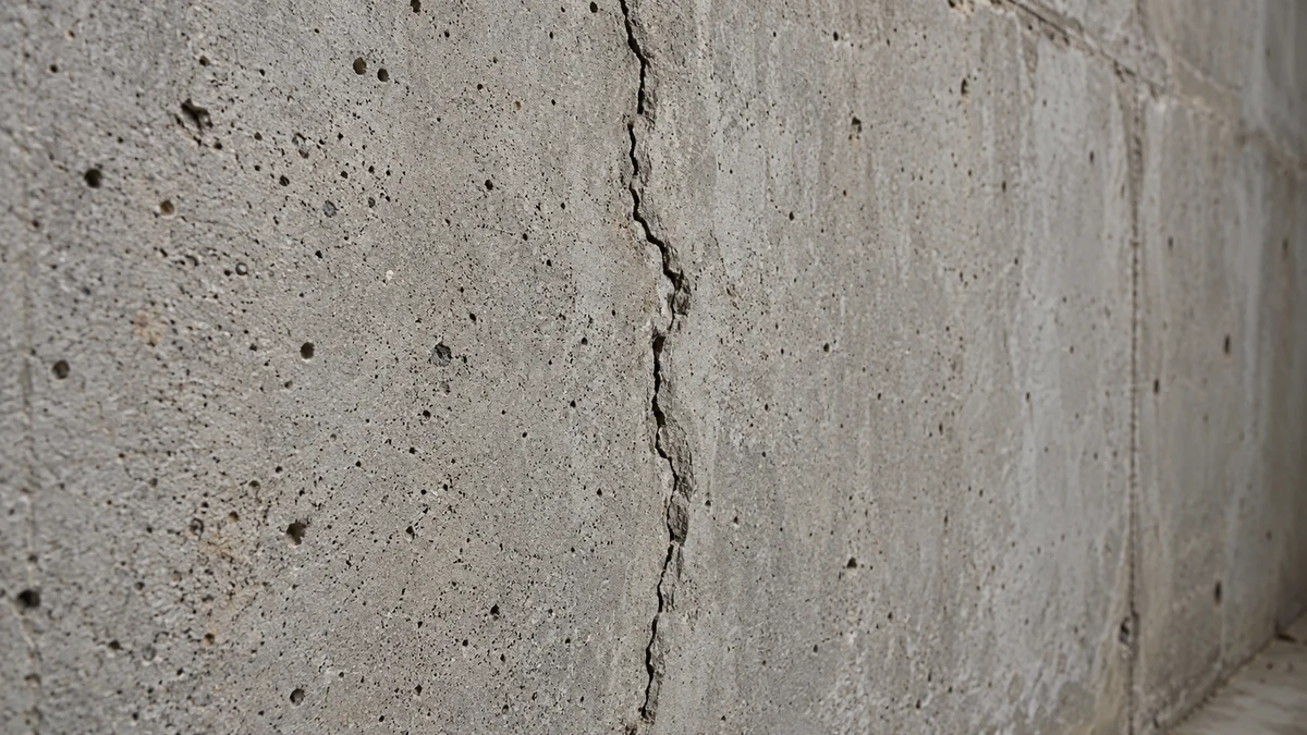Close-up of an irregular crack and textured surface in a dry poured-concrete foundation wall.
