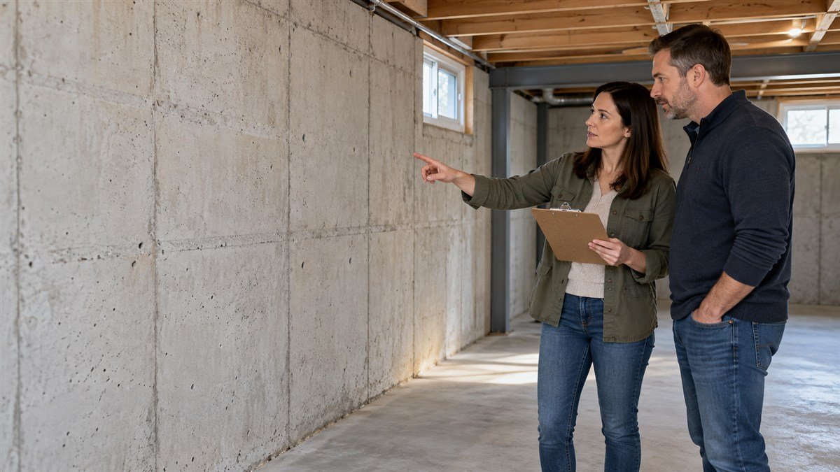 Two adults discuss a clipboard while looking at an exposed poured-concrete basement wall.