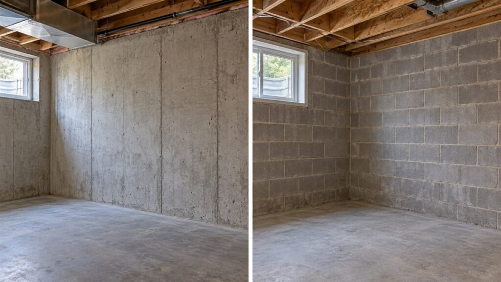 Separate basement views show a poured-concrete wall and a concrete-block wall with mortar joints.
