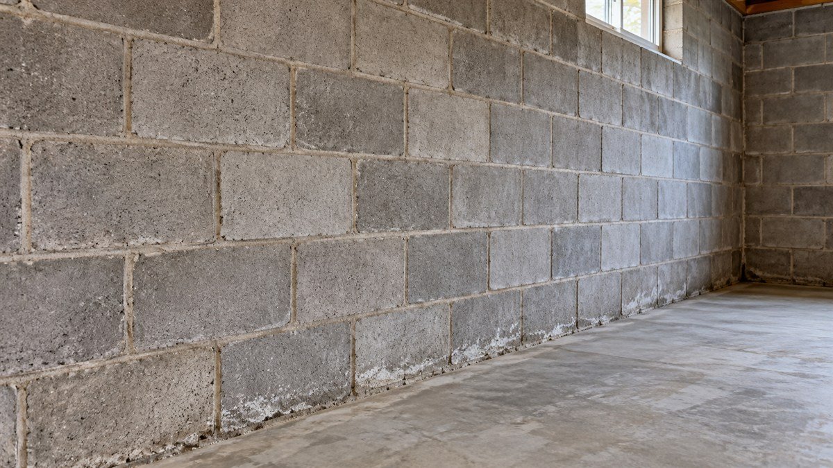 An exposed concrete-block basement wall shows staggered masonry courses and mortar joints.