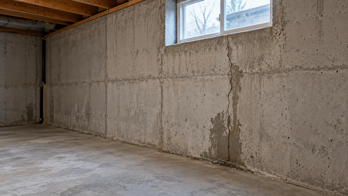 Damp staining around a narrow crack in an unfinished poured-concrete basement wall.