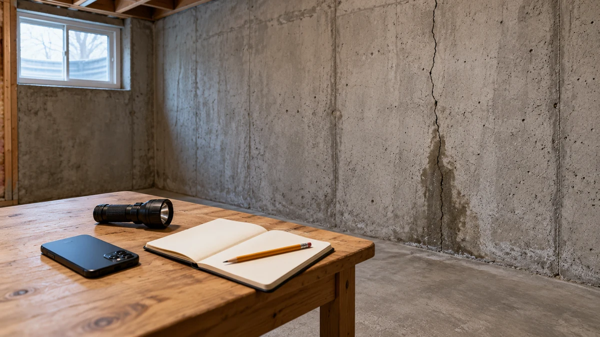 Phone, flashlight and blank notebook on a dry table near a damp basement wall.