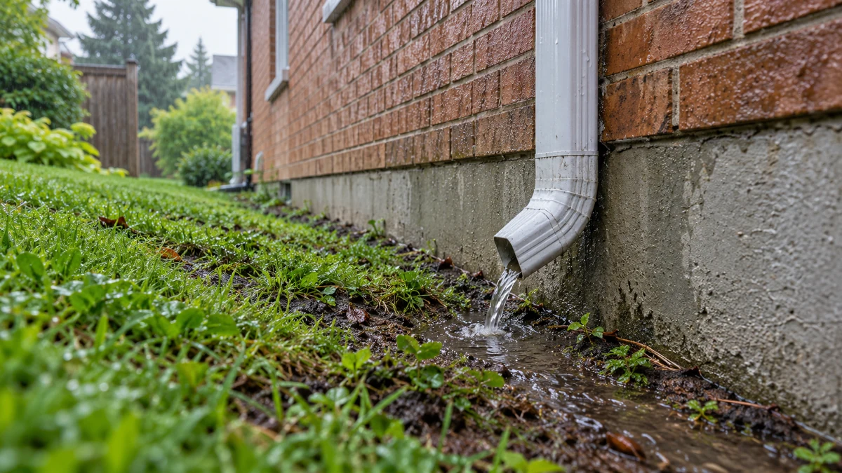 A short downspout discharges rainwater onto wet soil sloping toward a brick house foundation.