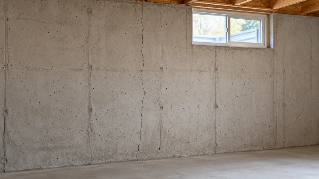 Narrow vertical crack in a poured-concrete basement wall beside a high-set window.